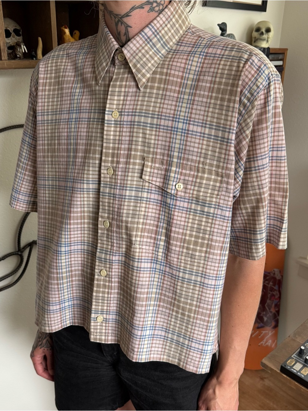 Vintage 80s Cropped Boxy Plaid S/S Button Down Shirt Arrow ~ Size Large - Picture 3 of 9